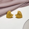 Golden fan-shaped wave earrings with polished finish on white reflective surface - 1295-Gold Fan-shaped Wave