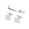 Polished silver tie clip and square cufflinks set for business attire on white background - Silver Square Cufflinks + Tie Clip Set