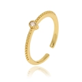 Detailed view of an 18K gold plated teardrop ring with a tiny crystal and bead texture - Adjustable Open / Gold/White Zirconia