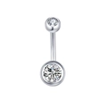 Detail of silver belly button ring with clear round cubic zirconia and curved bar - Style 34-Bezel-set Double Round Diamond