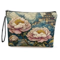 Trousse à maquillage florale avec pivoines roses et sangle de poignet - Pavillon aux Pivoines (款式1)