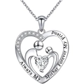 S925 sterling silver heart necklace with mother-child silhouette and engraved text - 925 Silver / White Gold