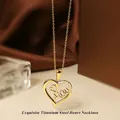 Detailed close-up of 18K gold titanium steel heart pendant with Mom engraving and zircons - Gold Heart Necklace N0455G