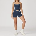 Ensemble de yoga bleu marine deux pièces avec haut dos nu et short à bordure blanche - S / Haut et Bas (5009/8843) / Ensemble Short / Bleu Marine