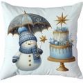 Housse de coussin blanche avec bonhomme de neige doré et gâteau bleu pour décor de Noël - Style 14
