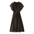 Elegant deep brown V-neck maxi dress with wide shoulders and a waist-tie design - S / Coffee