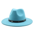 Detail of bright blue wool felt jazz hat with star-studded black leather band decor - Lake Blue