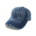Dettaglio del ricamo PARIS 3D e della visiera usurata sul cappello in denim blu scuro - Blu / M (56-58cm)