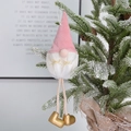 Pink velvet Christmas gnome ornament with long rope legs and gold boots on tree - Pink Hat Elf Pendant