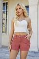 Women's summer outfit with a white textured crop top and brick red cargo shorts - S / Burgundy