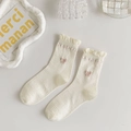 Close-up of white ribbed knit socks featuring delicate pink bows and ruffled edges - Vertical Rib Pink Embroidery Style