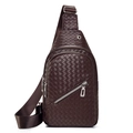 Dark brown woven leather sling bag with adjustable nylon strap and metal hardware - Style 1 / Brown
