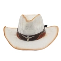 Bohemian western cowboy straw hat with longhorn metal ornament and leather band - Metal Bull Head Decor (With Wind Rope) / White