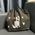 Detail of cute dog embroidery and white hearts on olive green nylon tote bag - Black French Bulldog / M