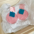 Sweet pink and blue geometric acrylic flower earrings with silver needles for women - 39# Pink and Blue Geometric Acrylic Color-Block Drop Earrings (Silver Earring Post)
