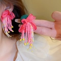Detailed close-up of floral fabric earrings with multi-color beaded tassels on ear - Silver Pin - Pink Flower Beaded Tassel