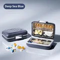 Portable weekly pill organizer in navy blue with suitcase texture and secure metal buckle - Navy Blue