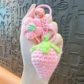 Handmade crochet strawberry and flower keychain in pink with matching plastic ring - Pink Strawberry Flower