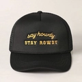 Zwarte trucker pet met geel 'say howdy' borduursel en ademende mesh achterkant - Zwart