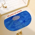 Absorbent blue and beige oval bathroom mat with shower motif and text design - Shower Rain - Oval