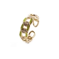Détail de bague chaîne dorée avec émail vert et petits diamants, design ouvert réglable - Ouvert Réglable / Vert