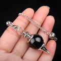 Natural black crystal agate sphere pendulum pendant with silver chain and metal components - Obsidian