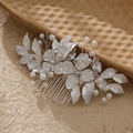 Close-up of bridal hair comb with silver leaves, white pearls, and sparkling crystals - 4# Silver Hair Comb