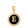 18K gold plated round pendant with black enamel inlay and gold letter E detail - Letter E