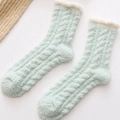 Thick mint green cable knit coral fleece socks with warm white faux shearling trim - Green