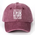 Close-up of burgundy washed cotton baseball cap with white printed humor quote and tools - One Size / Burgundy