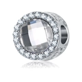 Silver bead charm with large round faceted crystal and sparkling pave setting for bracelets - White