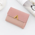 Pink short trifold wallet for women with gold V-metal clasp and suede texture - Pink