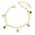 Gold-tone hip hop chain bracelet featuring five colorful round-cut cubic zirconia gems - Style C-Colorful Round Gems
