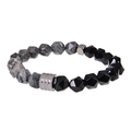 Mens 10mm faceted obsidian bead bracelet with map stone and silver metal accents - Map Stone & Obsidian Bracelet