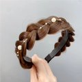 Brown braided fishbone headband with pearl accents for high skull top volume - Pearl Style / Tan