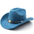 Blue faux suede western cowboy hat with ethnic beaded band and shell detail on white backdrop - Lake Blue
