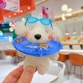 Porte-clés caniche en peluche blanche avec bouée canard bleue et lunettes - Style Bichon Blanc / Chien avec Bouée Bleu Ciel