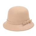 Close-up detail of khaki wool felt cloche hat featuring an elegant bow decoration - Camel