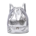 Silver metallic drawstring backpack with large capacity and dry wet separation design - One Size / Silver
