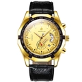 Business watch with gold metal case, black alligator strap and chronograph function - Gold Case Gold Dial Leather Strap