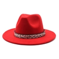 Classic red wool fedora hat with wide flat brim and faux snake skin band for men and women - M (56-58cm) / Red