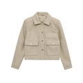 Women's oatmeal cropped wool jacket with lapel collar and metal buttons in flat lay view - XS / Khaki