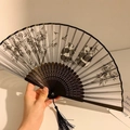 Bamboo folding fan with black and white panda and bamboo pattern with silk tassel - Black & White Panda