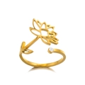 Adjustable gold stainless steel ring with hollow lotus flower and cubic zirconia - 1-Hollow Lotus / Gold