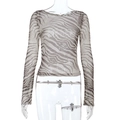 Macro detail of breathable zebra print mesh fabric on a fitted long sleeve top - S / Khaki