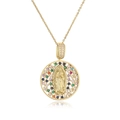 Gold plated Virgin Mary medallion necklace with colorful zircon gemstones on white base - CN002034CX Multi-Round Mary / Gold With Multi-color Gems