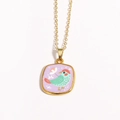 Close-up of gold enamel pendant featuring a green bird and purple background detail - Purple Background Green Bird (Style 9)