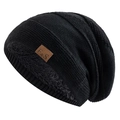 Close-up of black knit beanie showing thick plush lining and F&S leather patch detail - L(58-62cm) / Black