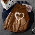 Brown oversized drawstring hoodie featuring a white heart print on a flat lay display - S / Top (53) / Brown