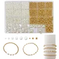 Macro detail of various size white pearls and gold beads in a 24-grid organizer for DIY jewelry - Style 7: 1596PCS 24 Grids Pearls